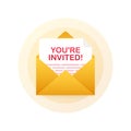 You`re invited! Badge icon. Written Inside An Envelope Letter. Vector illustration.